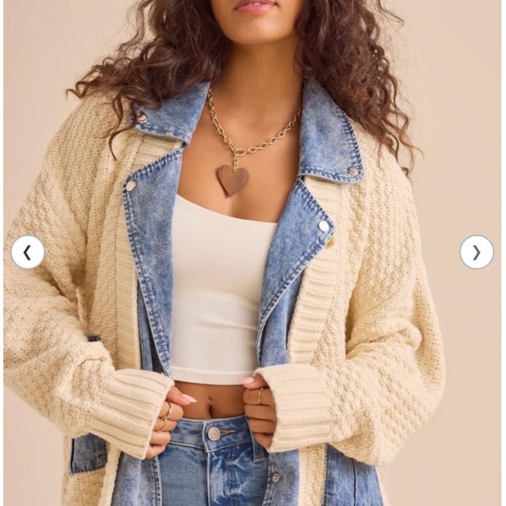 Altar'd State Cream Cardigan with Blue Denim Details